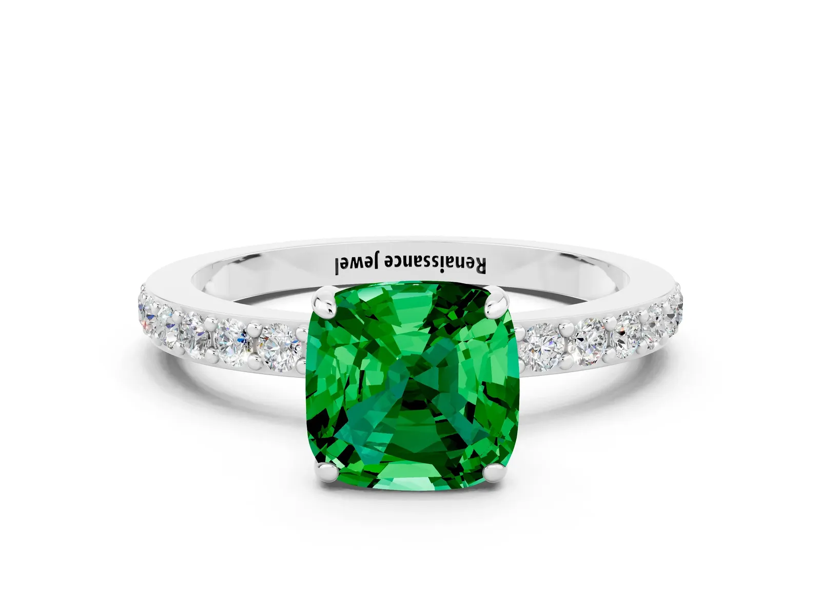 Cushion Cut Emerald Solitaire Engagement Ring with Pavé Band and Four-Prong Setting Platinum