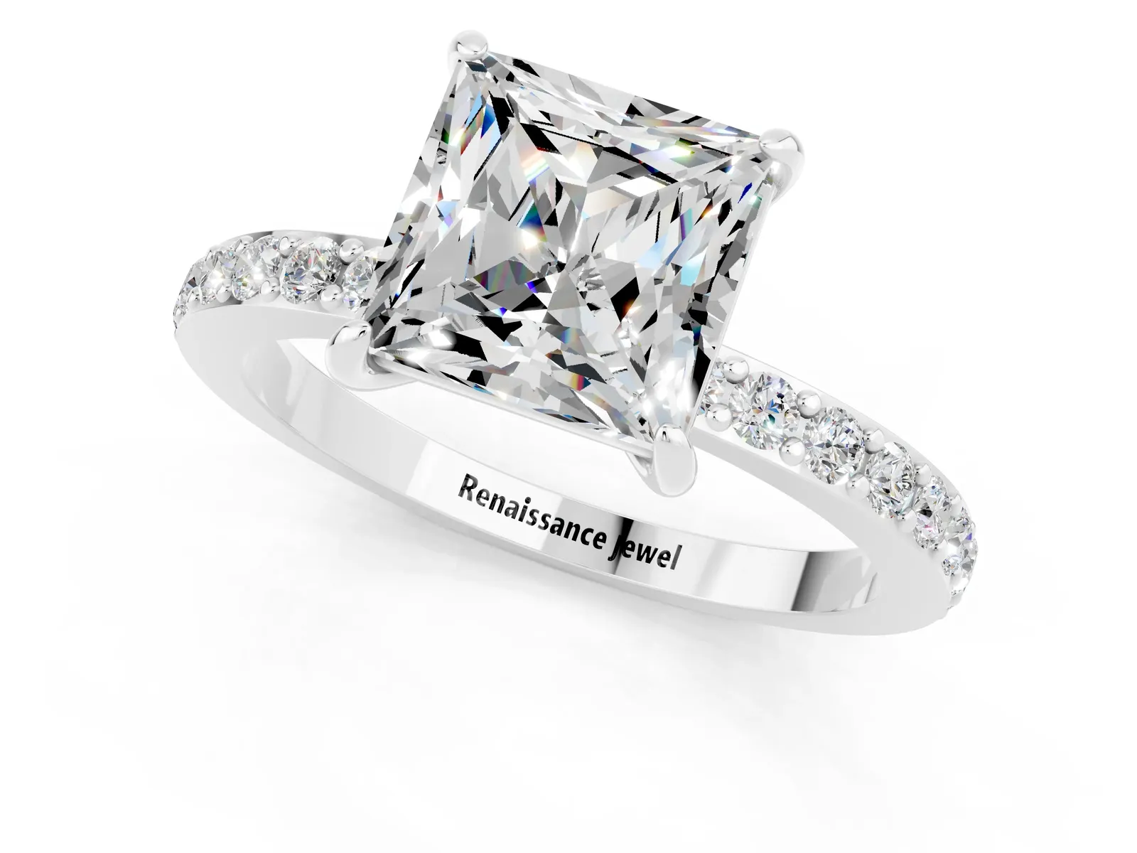 Princess Cut Moissanite Solitaire Engagement Ring with Pavé Band and Four-Prong Setting Platinum