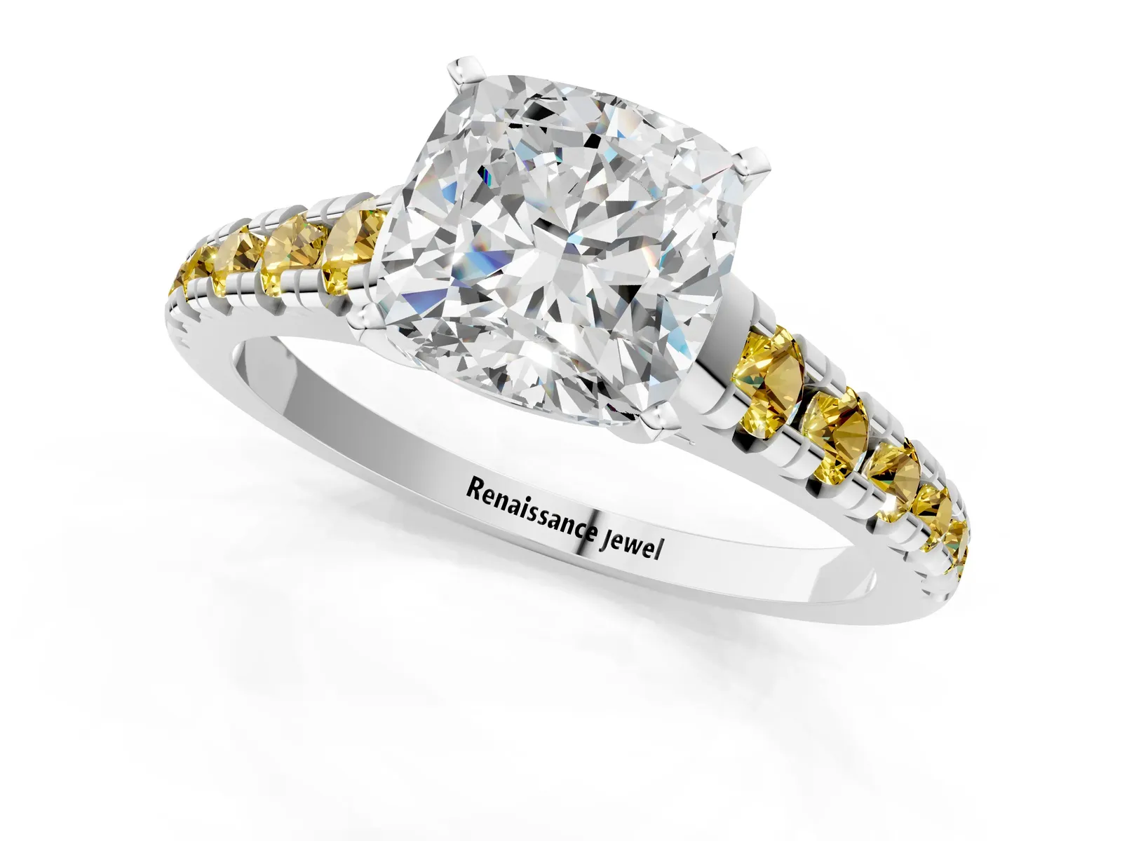 Cushion Cut Diamond Cathedral Solitaire Ring with Round Yellow Sapphire Pavé Band Platinum