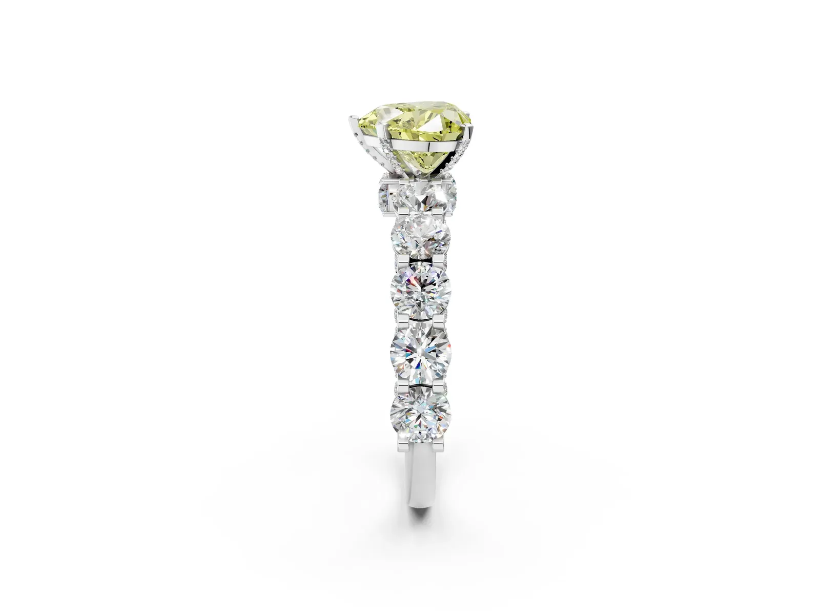 Fancy Yellow Heart Cut Diamond Side Stone Engagement Ring with Four-Prong Setting Platinum